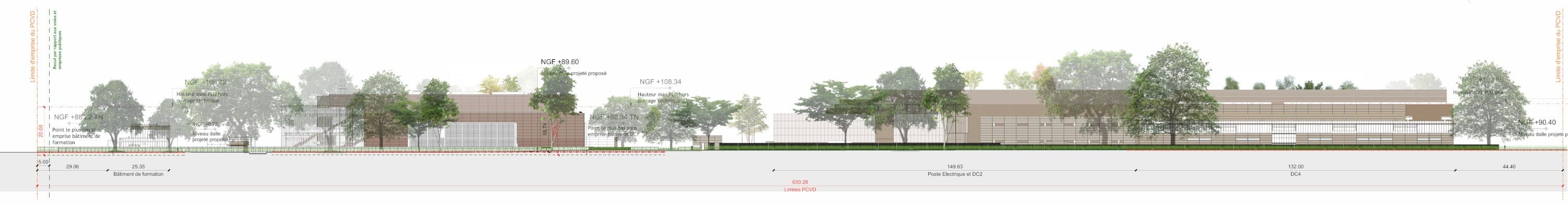 Coupe du site montrant les silhouettes des bâtiments data center et du bâtiment de formation avec leurs altitudes NGF respectives.