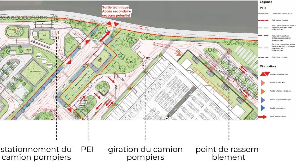 Plan de sécurité incendie du site indiquant le stationnement des camions de pompiers, les points d'eau incendie, la giration des camions et le point de rassemblement.