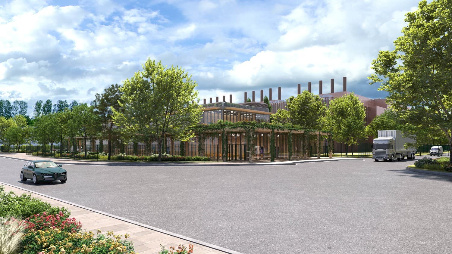 Vue du bâtiment de formation depuis l'ouest, avec pergola végétalisée en bois, façade vitrée et cheminées des data centers en arrière-plan.