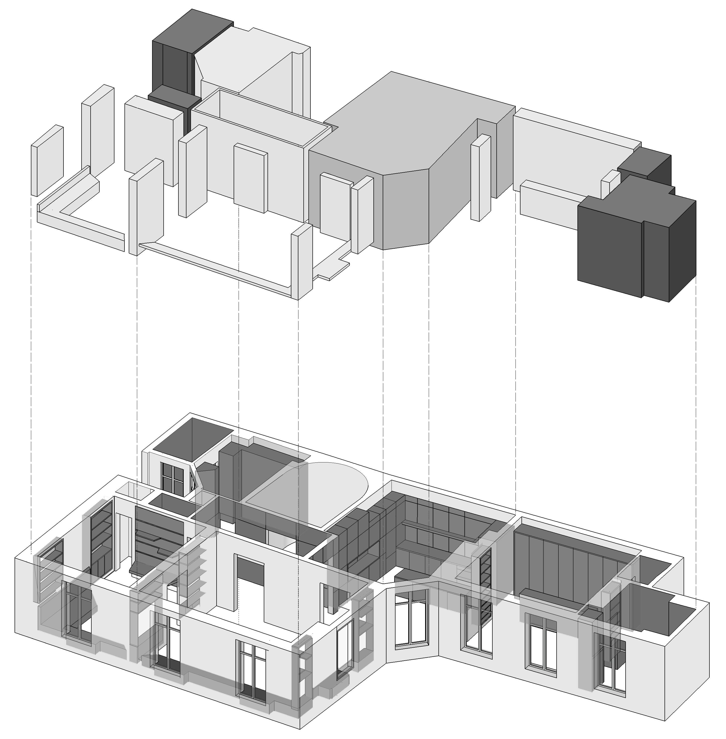 Axonométrie programmatique éclatée de l'appartement, identifiant les salles d'eau, salles de bain et toilettes, la cuisine et la salle à manger, ainsi que les éléments et pièces supplémentaires.