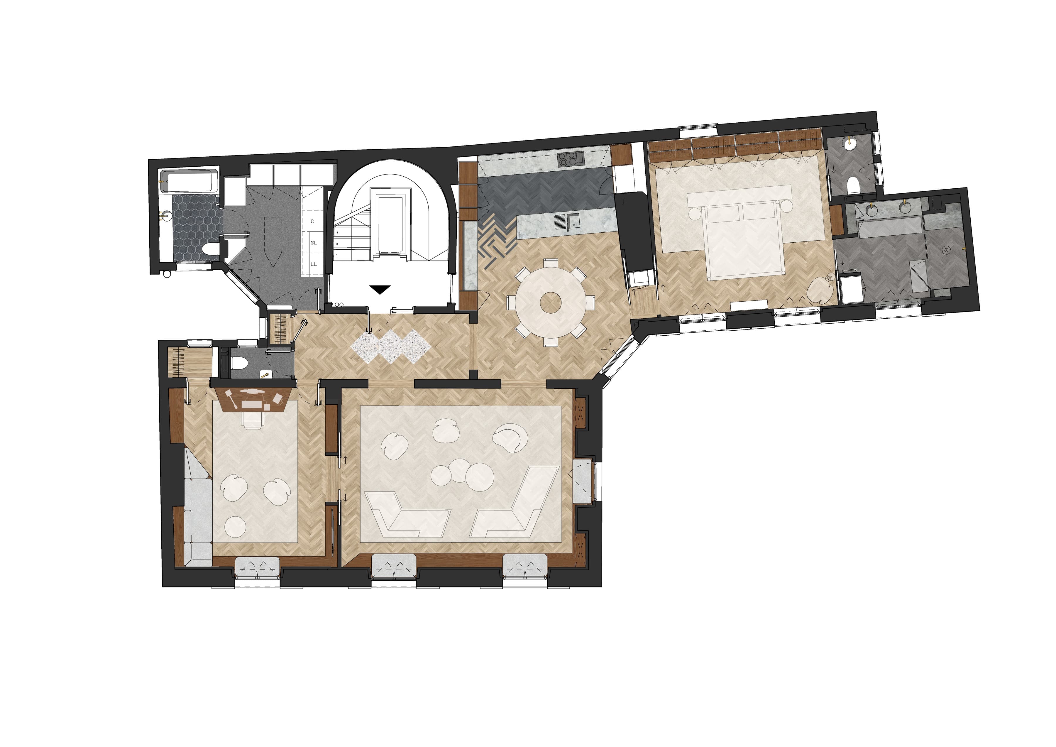 Plan de l'appartement montrant la distribution des pièces autour de l'entrée : séjour, salle à manger, cuisine, bureau, chambre principale avec dressing, et plusieurs salles de bain et WC.