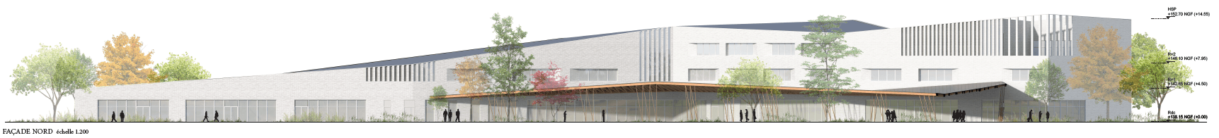 Élévation de la façade nord au 1/200, montrant le bâtiment en briques claires à hauteur variable et l'auvent en charpente bois de l'entrée.