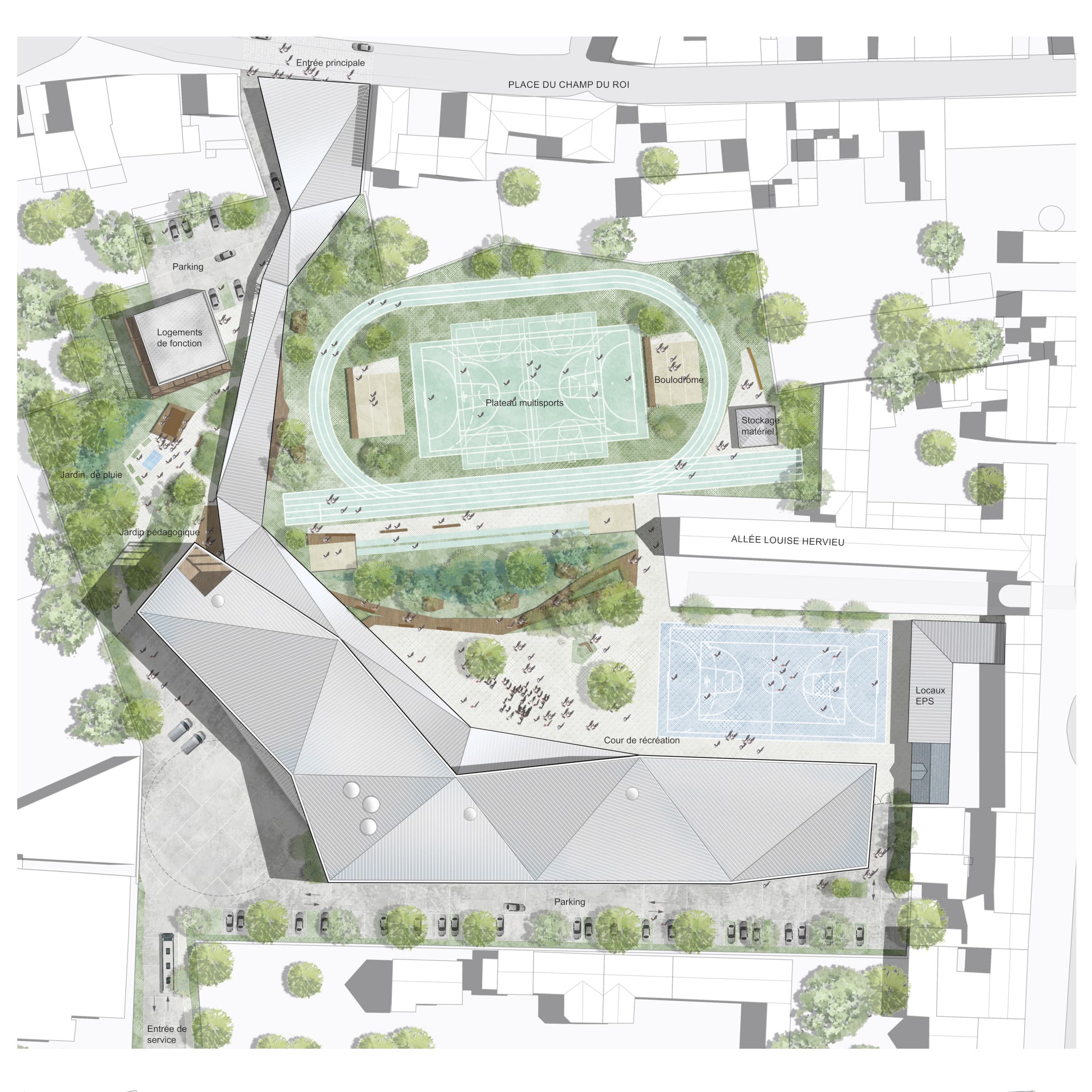 Plan masse du collège coloré par usage, organisé autour d'un parvis d'entrée place du Champ du Roi, avec plateau multisports, boulodrome, jardins et parkings.