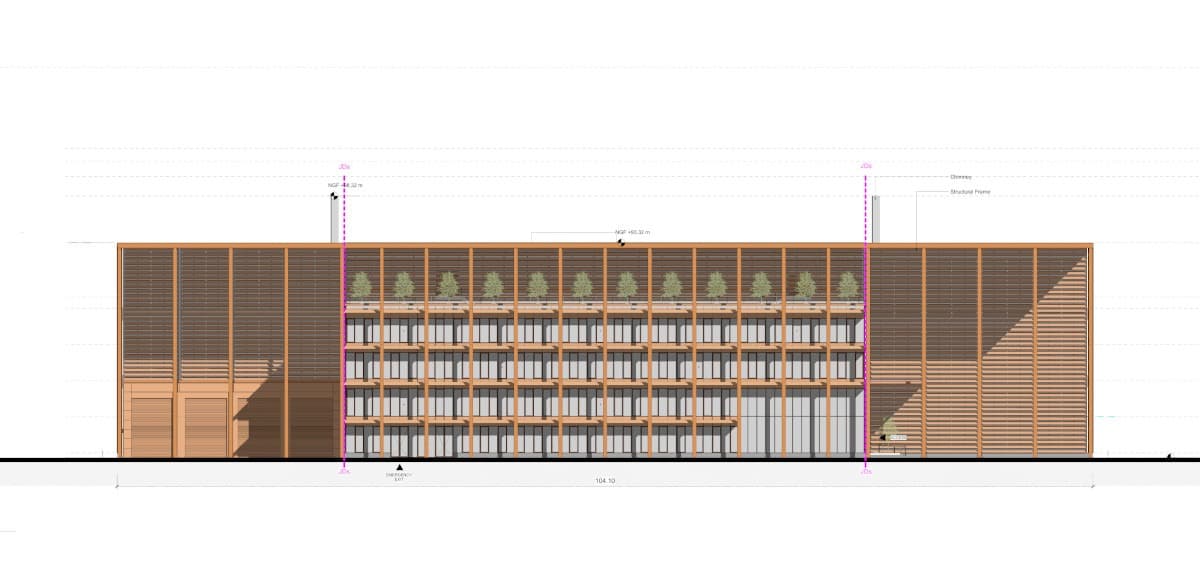 Élévation du bâtiment data center montrant la structure porteuse, l'habillage en lattes de bois et les cheminées techniques.