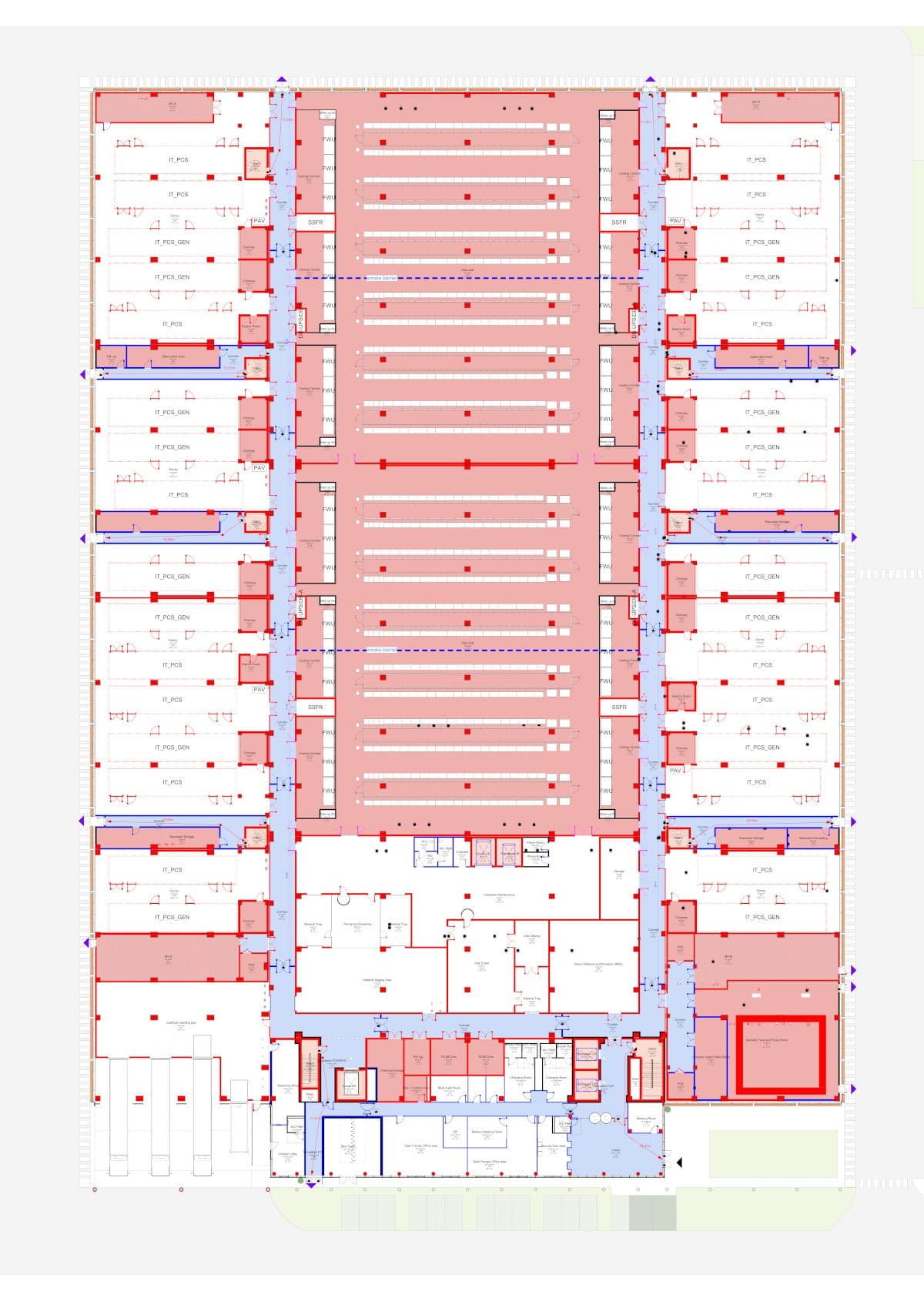 Plan du rez-de-chaussée d'un bâtiment data center indiquant les salles informatiques (IT_PCS), les zones de sécurité incendie et les circulations.