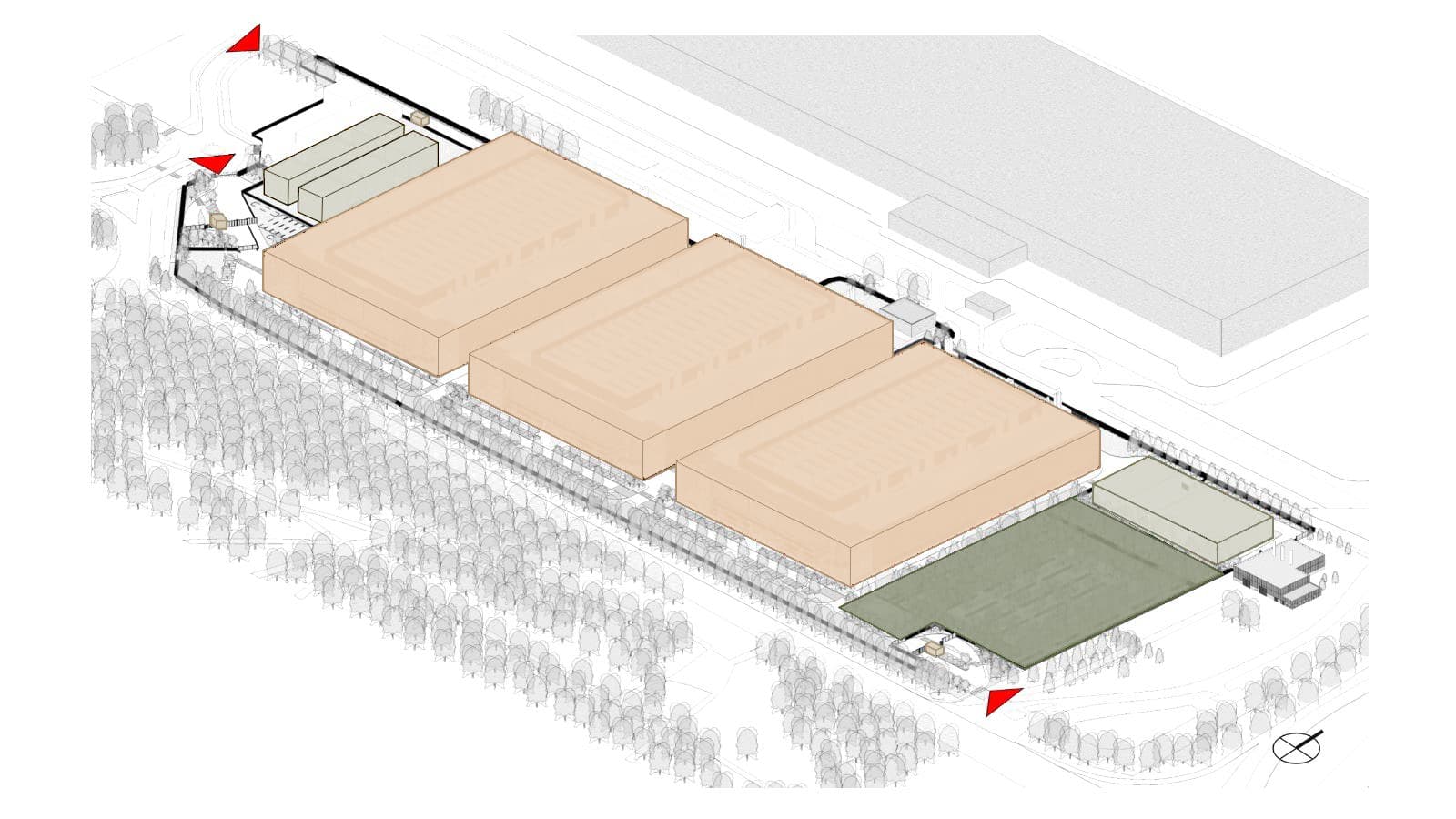 Axonométrie du site montrant les trois bâtiments data center, le bassin de rétention et l'aménagement paysager environnant.