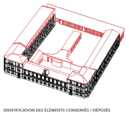 Axonométrie filaire identifiant en noir les éléments conservés et en rouge les éléments déposés du bâtiment existant.