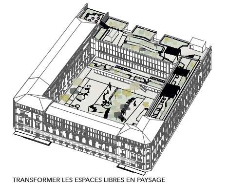 Axonométrie du bâtiment montrant la transformation des espaces libres en paysage planté autour des cours maternelle et élémentaire.