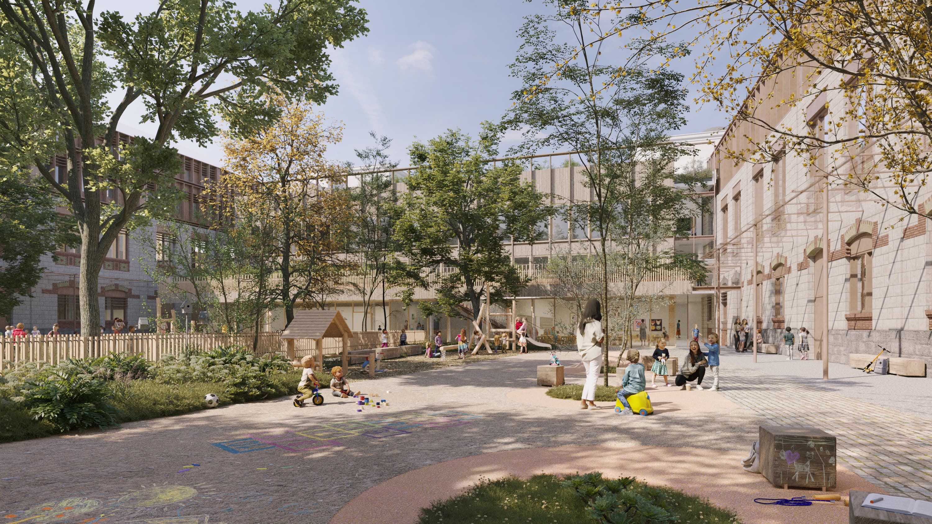Vue au niveau de la cour de récréation avec enfants jouant, jeux en bois et façades existante et neuve en arrière-plan.