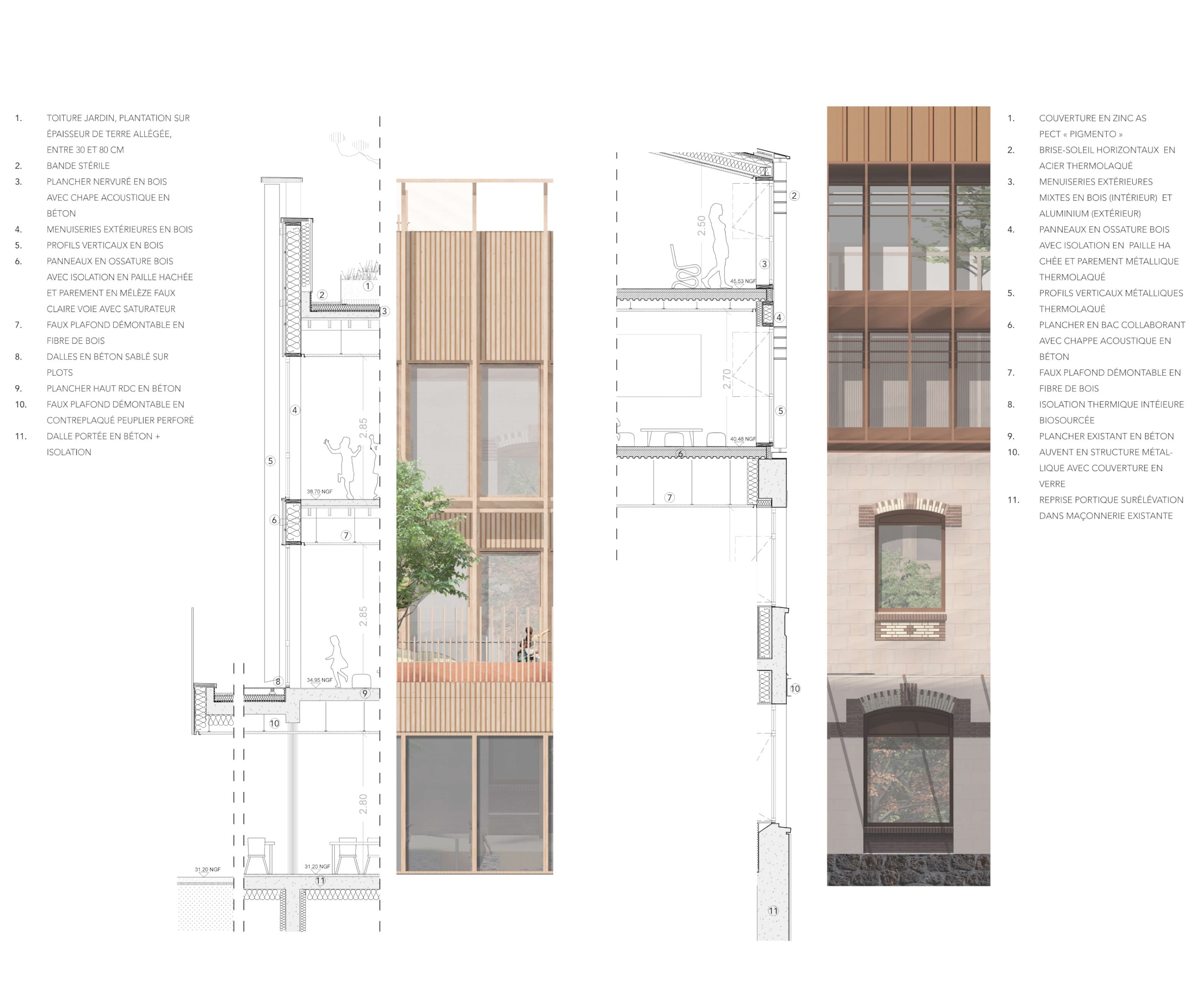 Détails techniques des élévations réunis dans un même document : à gauche le nouveau bâtiment en ossature bois avec bardage en mélèze, à droite le bâtiment existant en pierre meulière avec brise-soleil en acier, chacun avec sa légende de matériaux numérotée de 1 à 11.