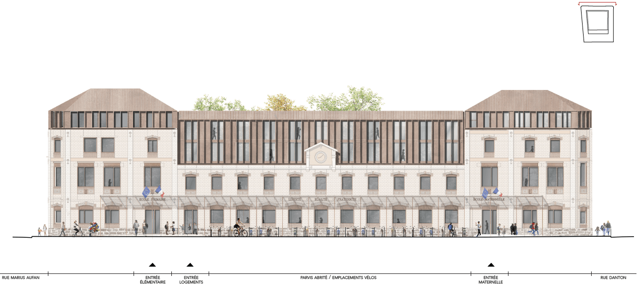 Élévation de la façade nord-ouest depuis la rue Marius Aufan jusqu'à la rue Danton, montrant le bâtiment existant en pierre meulière restauré avec les enseignes « École primaire » et « École maternelle ».