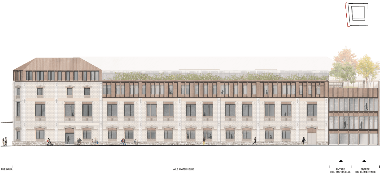 Élévation de la façade sud-ouest depuis la rue Bara, montrant l'aile maternelle existante et l'extension neuve en bardage bois avec toiture végétalisée.