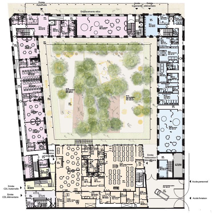Plan du rez-de-chaussée coloré par usage (maternelle, élémentaire, espaces communs, logements, locaux techniques) organisé autour de la cour centrale plantée.