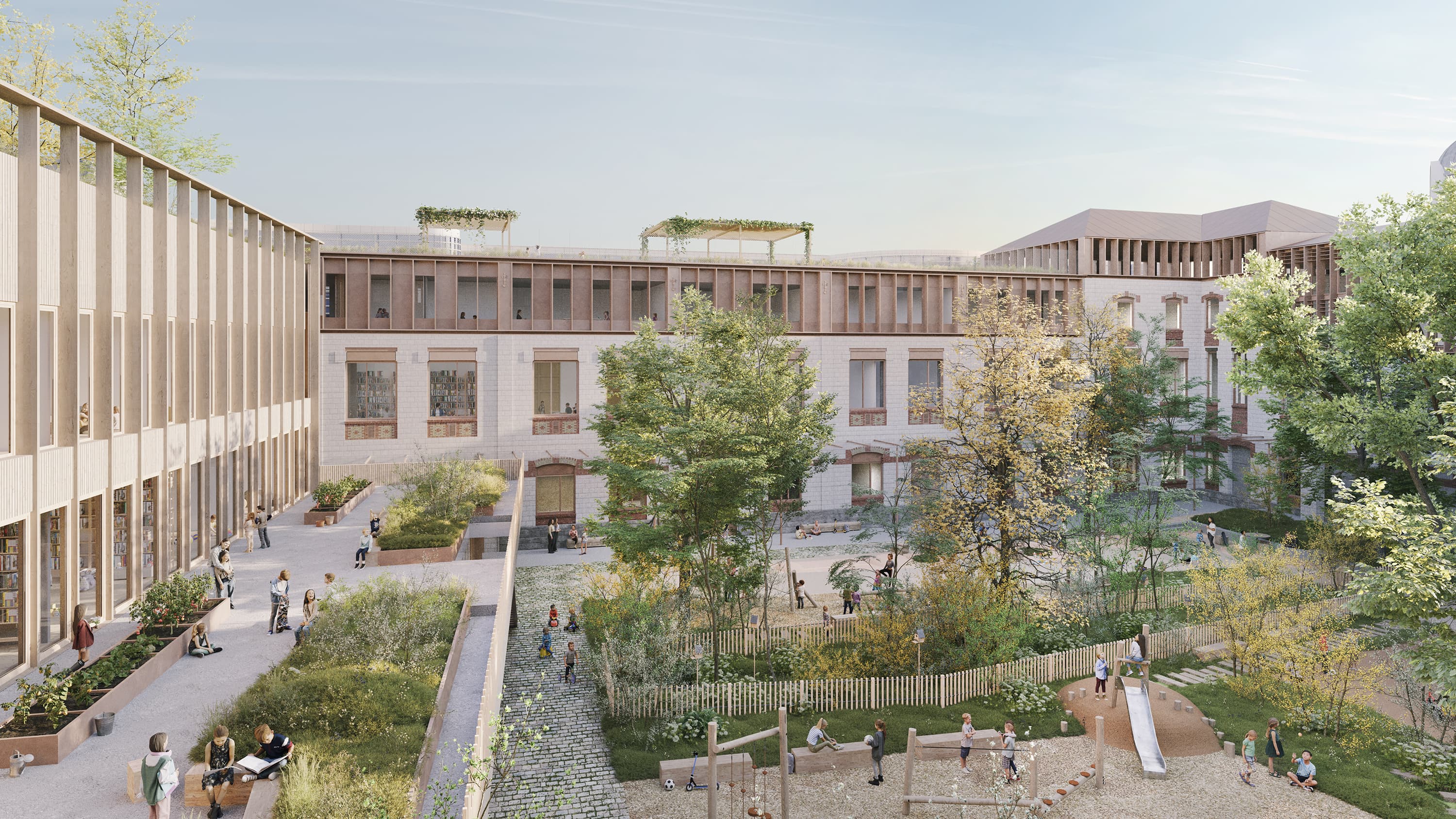 Vue en surplomb depuis une terrasse sur les différents niveaux de cours du groupe scolaire, avec extension en bardage bois clair à gauche, bâtiment existant en pierre meulière et jardin partagé au premier plan.