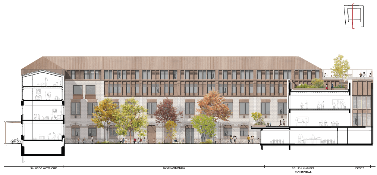 Coupe CC montrant la salle de motricité, la cour maternelle et la salle à manger maternelle en coupe transversale.