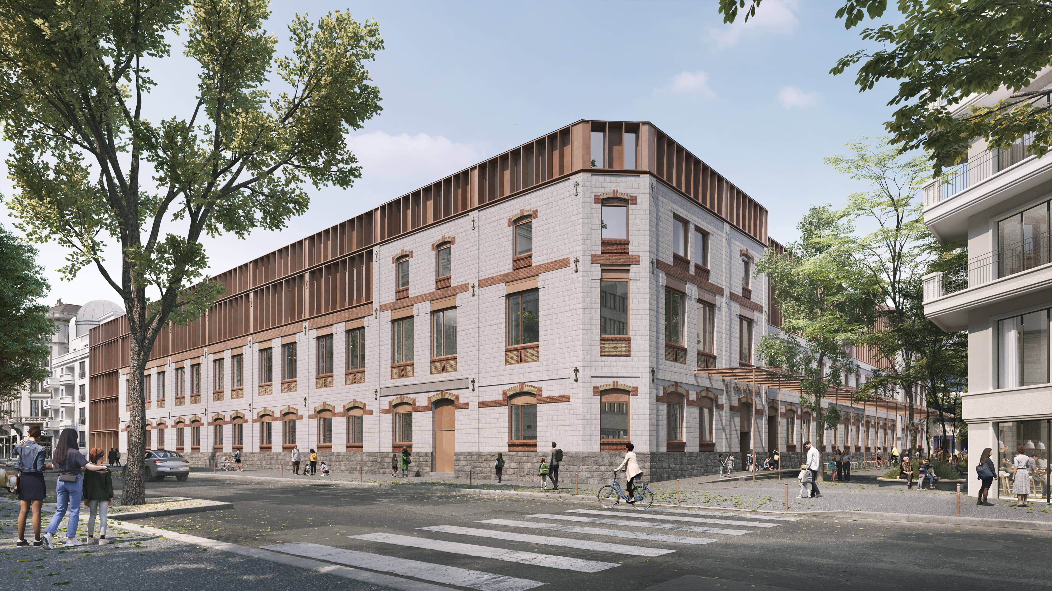 Vue depuis l'angle des rues Marius Aufan et Bara, montrant la façade restaurée en pierre meulière du groupe scolaire avec passants et cycliste au passage piéton.