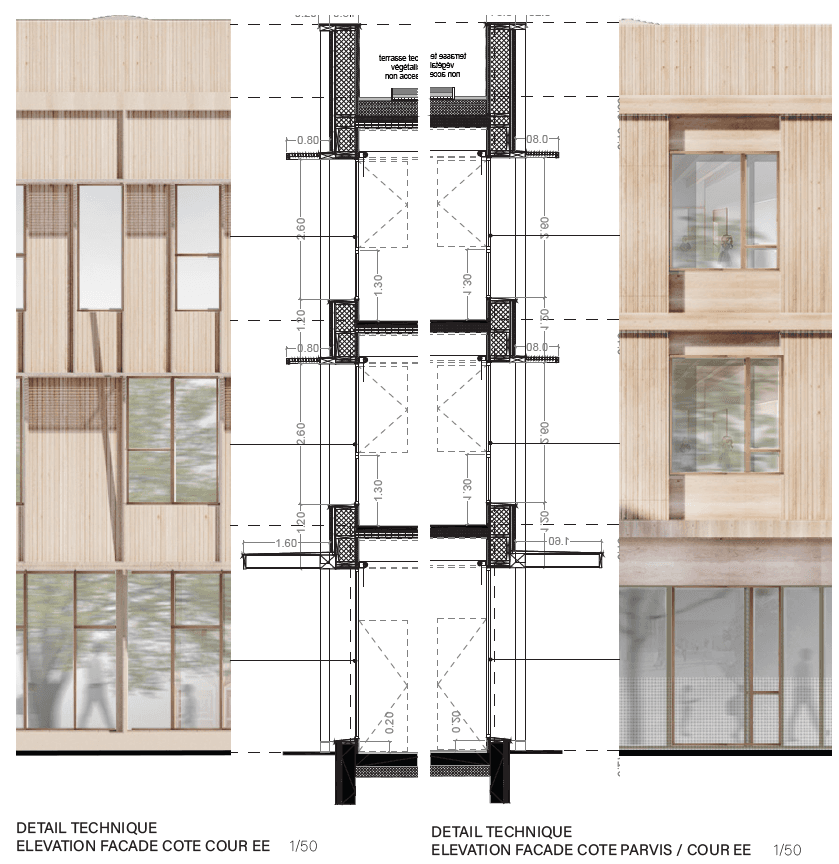 Détails techniques au 1/50 des élévations façade côté cour maternelle et côté parvis, avec bardage bois vertical, brise-soleil et menuiseries alu-bois annotés.