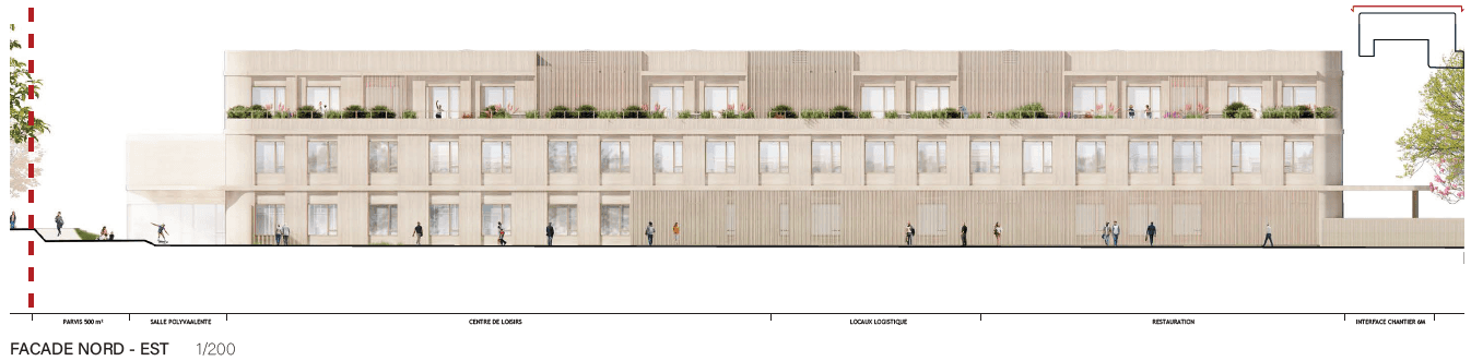 Élévation de la façade nord-est du groupe scolaire au 1/200, montrant la composition en bandeaux vitrés et bardage bois sur trois niveaux, du parvis à l'interface de chantier.