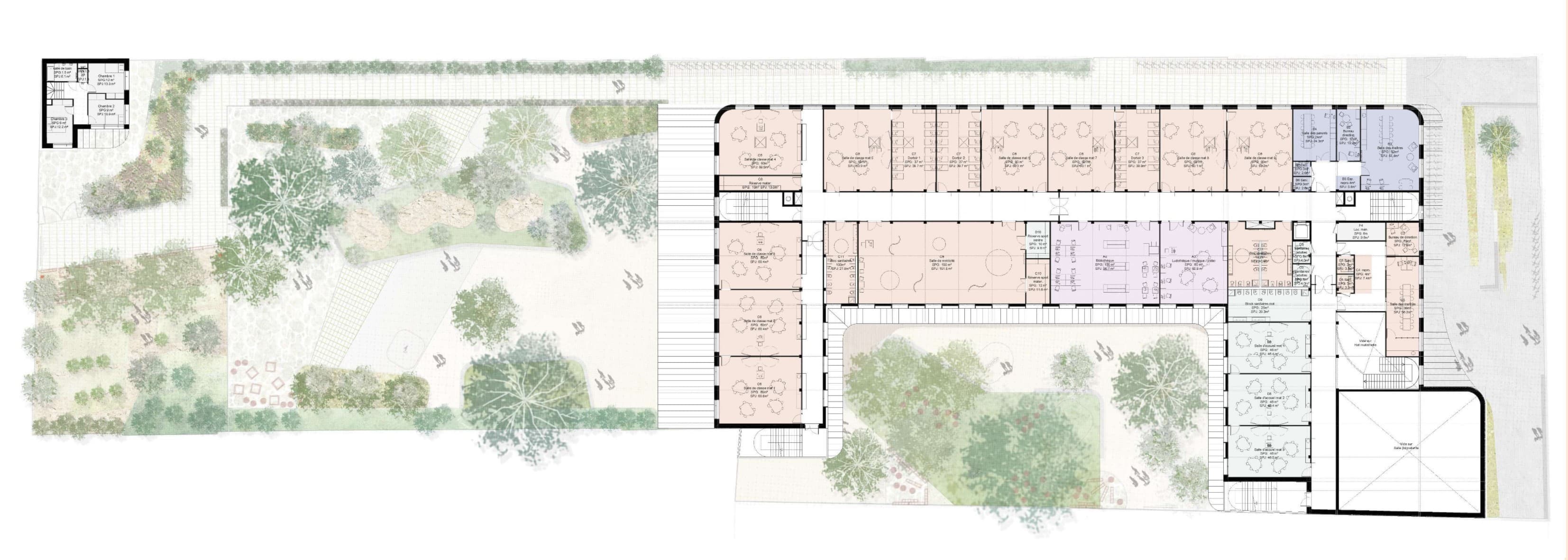 Plan du niveau R+1 du groupe scolaire, avec logement du gardien à l'étage, salles de classe élémentaire, bibliothèque, salle de motricité et bureaux administratifs.