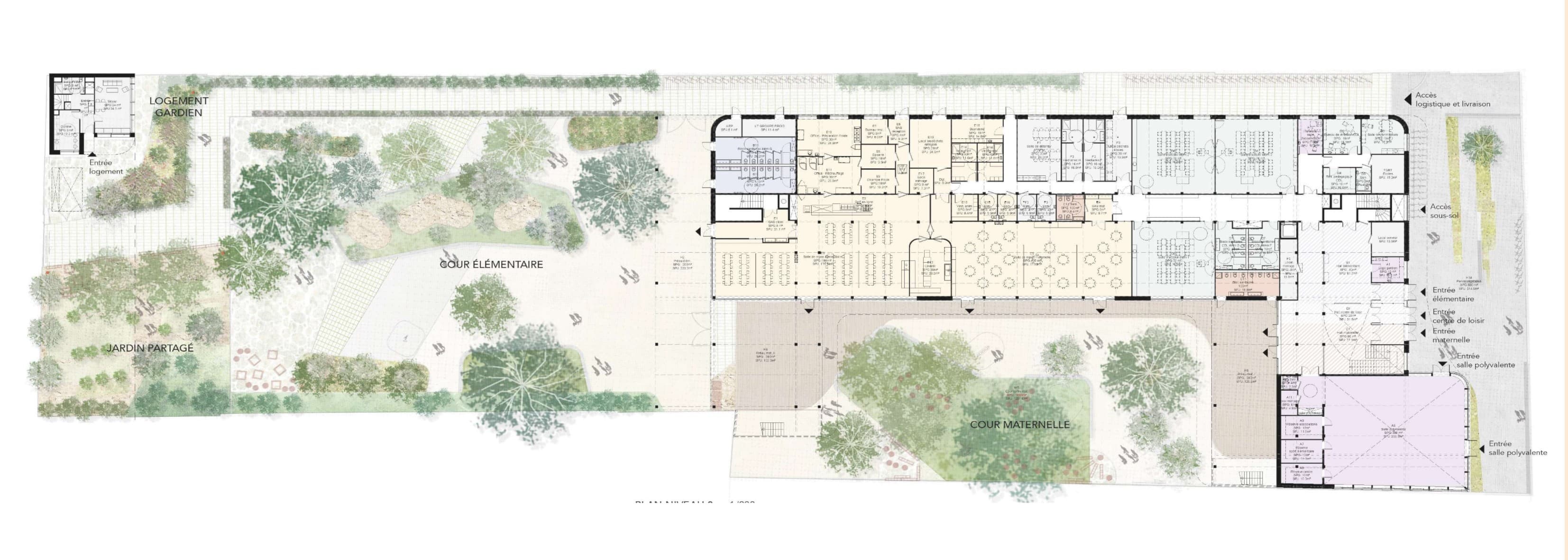 Plan du rez-de-chaussée du groupe scolaire, avec logement du gardien, jardin partagé, cour élémentaire, salles de classe, salle polyvalente et cour maternelle.