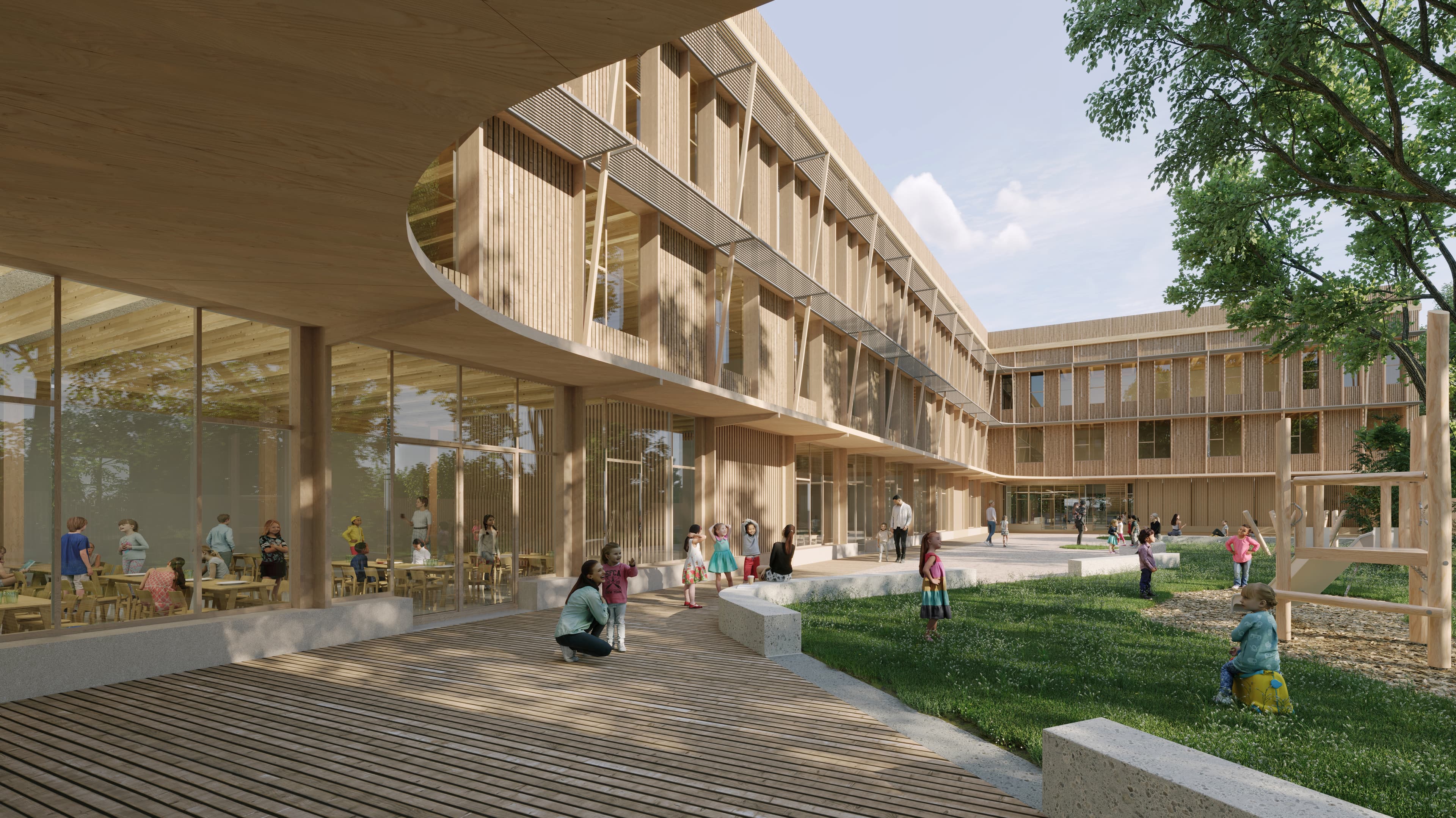 Vue depuis la cour de récréation du groupe scolaire, avec façade courbe en bardage bois clair, baies vitrées sur la cantine et les salles de classe, et enfants dans la cour.