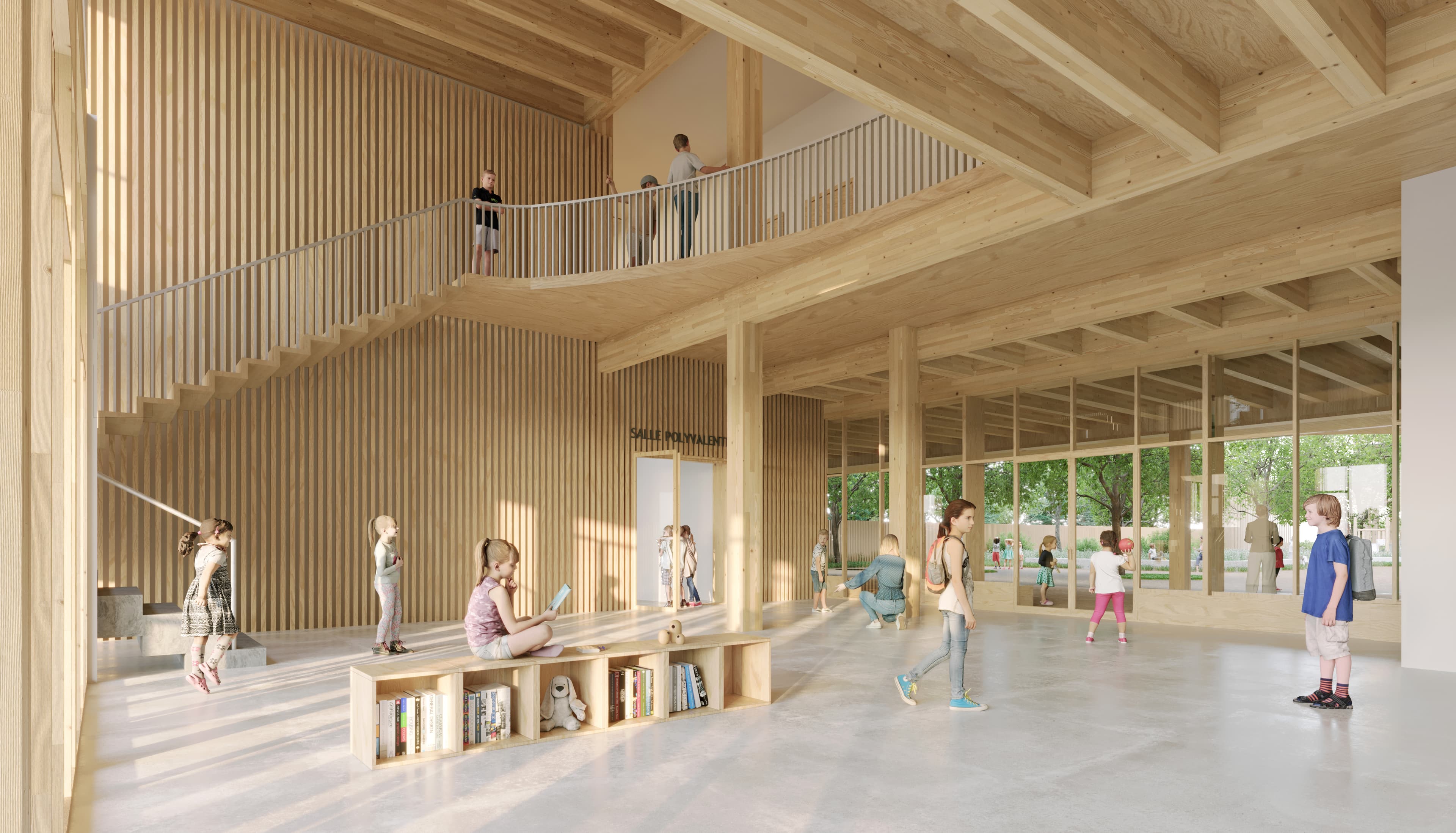 Vue intérieure du hall de l'école maternelle, avec charpente et structure en bois apparentes, escalier ouvert et enfants dans l'espace commun.