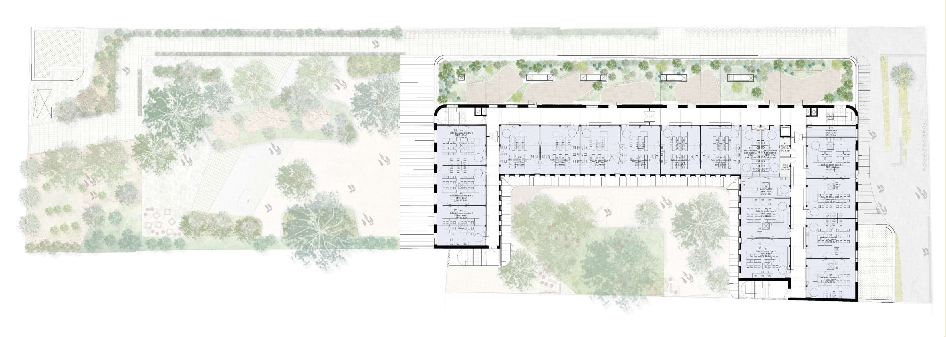 Plan du niveau R+2 du groupe scolaire, avec salles de classe maternelle et espaces communs organisés autour de la cour et des jardins partagés.
