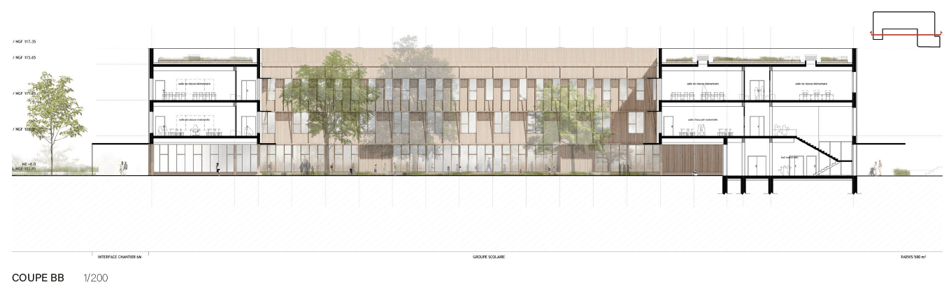 Coupe BB du groupe scolaire au 1/200, montrant les salles de classe élémentaire et maternelle superposées autour du hall central et de la toiture végétalisée.