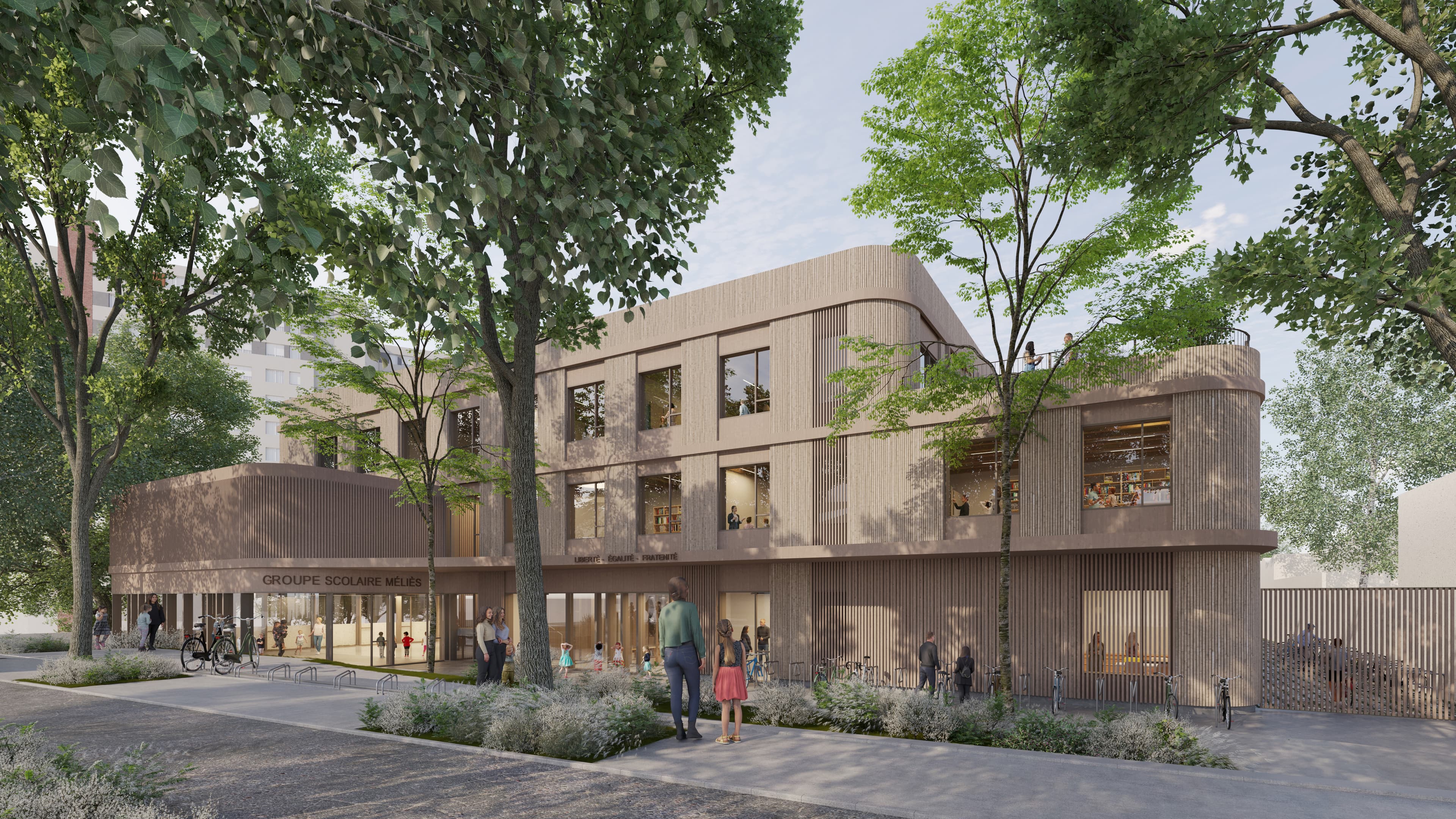 Vue du parvis d'entrée du groupe scolaire depuis la rue, avec bardage bois, enseigne « Groupe scolaire Méliès » et arbres existants conservés.