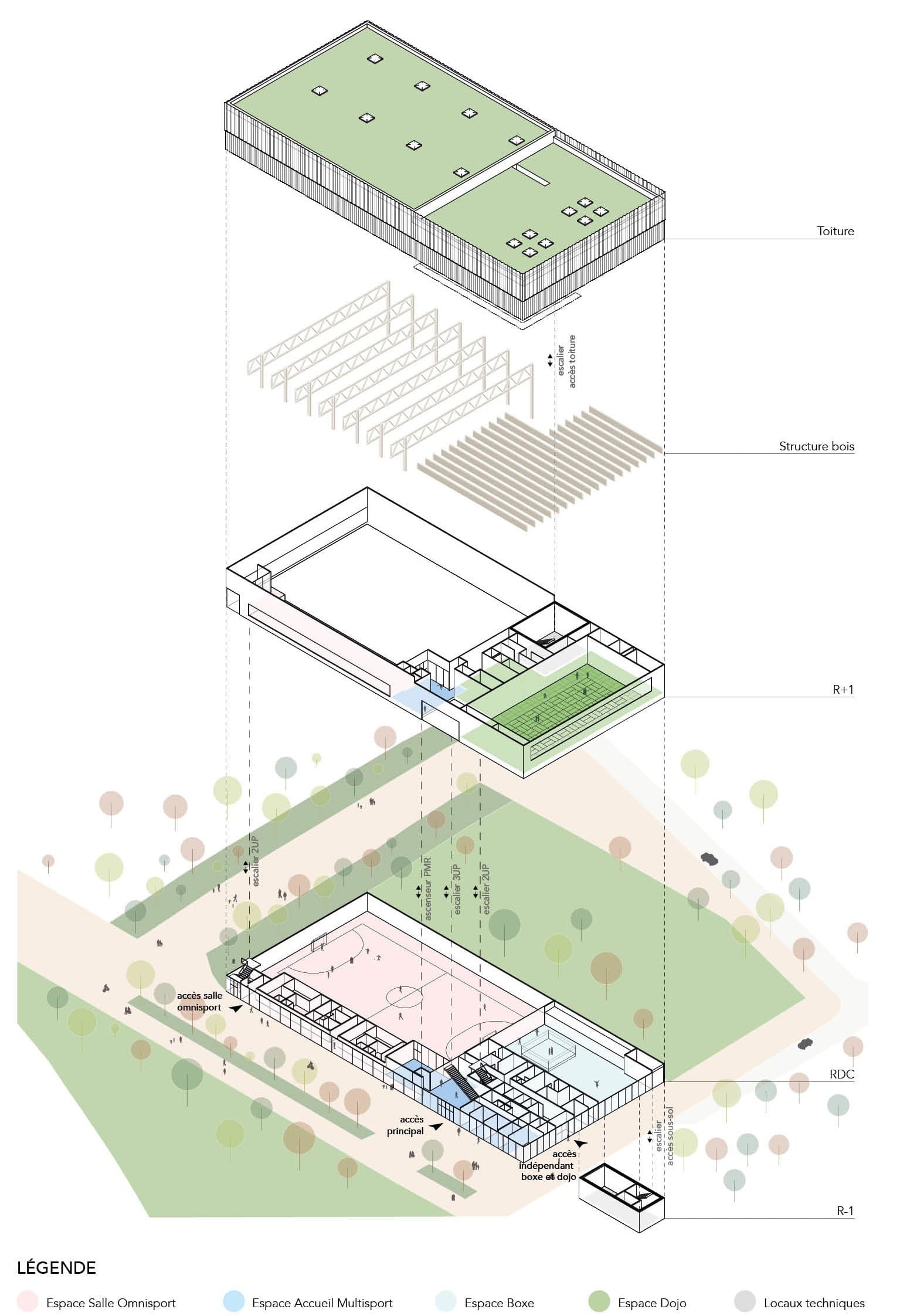 Axonométrie programmatique éclatée montrant la toiture engazonnée, la structure bois, le niveau R+1 et le rez-de-chaussée du pôle sportif, avec légende des espaces (salle omnisport, accueil multisport, boxe, dojo, locaux techniques).
