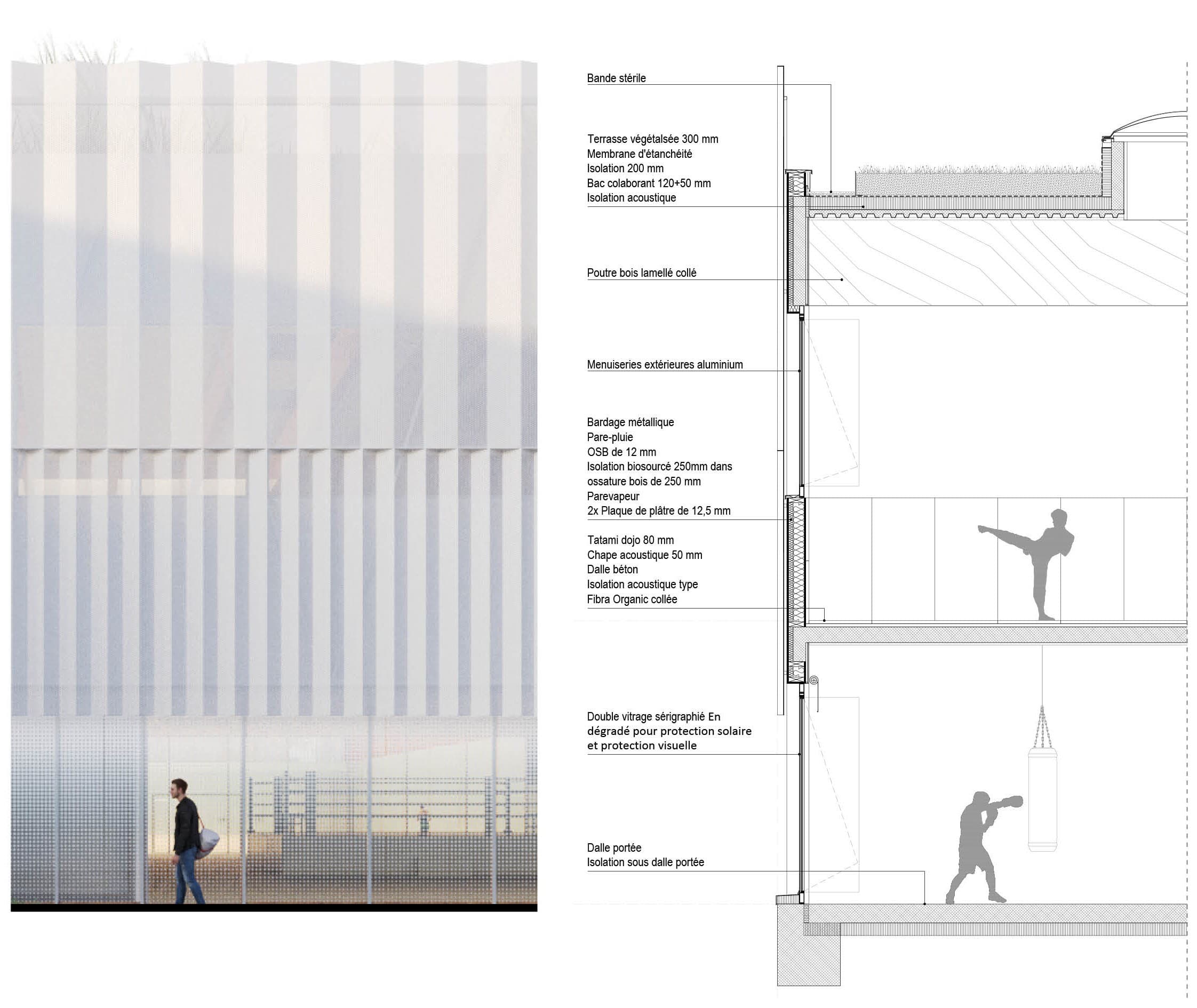 Détail technique de la façade résille métallique au 1/50, avec toiture végétalisée, structure bois lamellé-collé, tatami dojo et double vitrage sérigraphié, accompagné d'une photographie de la façade.