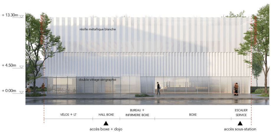 Élévation de la façade est au 1/200, montrant la résille métallique blanche et le rez-de-chaussée vitré desservant la coursive vestiaires, le hall boxe, les bureaux et l'accès à la sous-station.