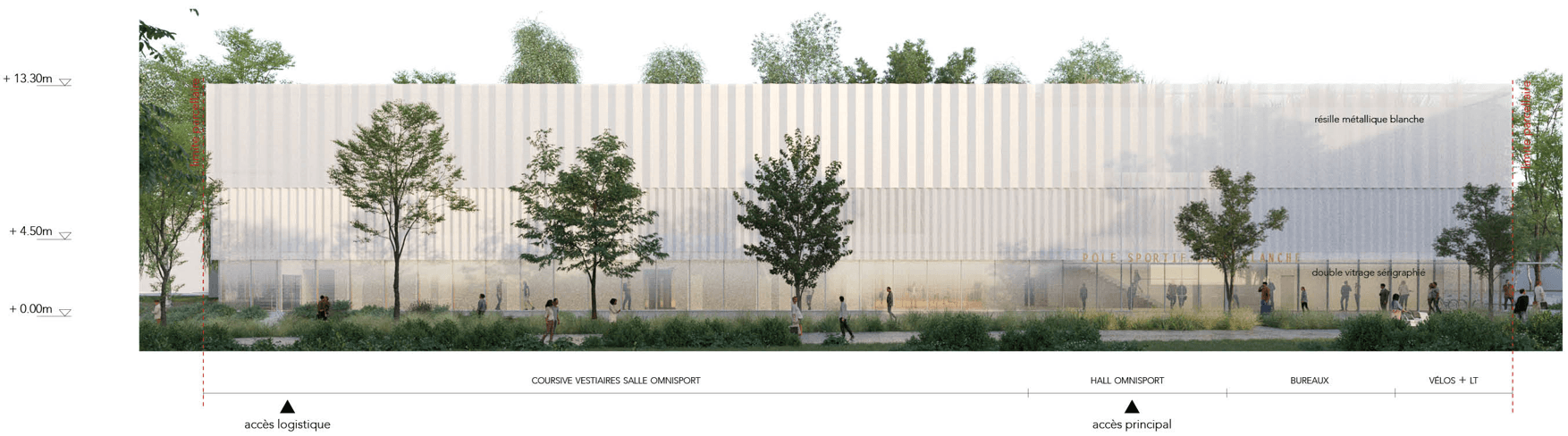 Élévation de la façade sud au 1/200, montrant la résille métallique blanche sur toute la longueur du bâtiment, du hall omnisport aux bureaux, avec les accès logistique et principal repérés.