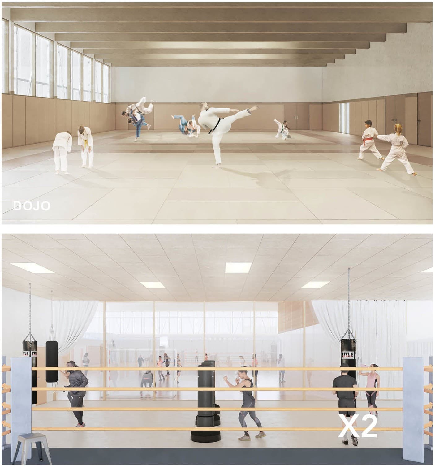 Vue intérieure de la salle de dojo à charpente bois apparente (en haut) et de la salle de boxe avec ring et sacs de frappe (en bas).